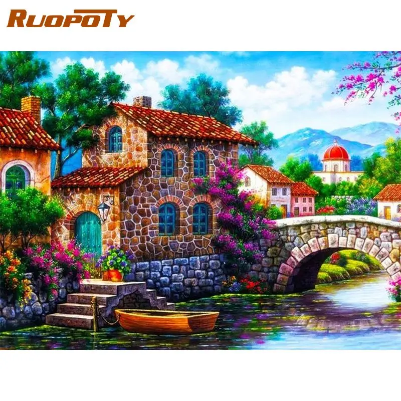 

RUOPOTY Classical Painting By Numbers For Adults Decorative Painting Stream Landscape Gift Handpainted On Canvas Stone House