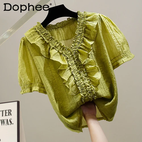

Fashion Ruffles Stitching Pleated Solid Color V-neck Short Sleeve Top Femme 2022 Casual Loose-Fitting Lightweight Thin Shirt