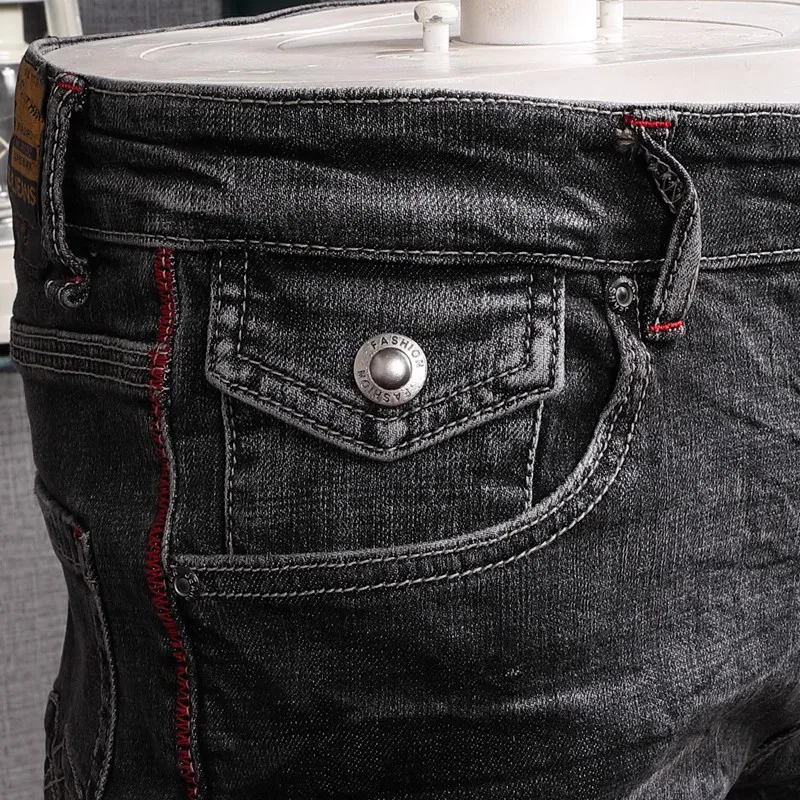 Fashion Vintage Men Jeans Retro Black Gray Elastic Slim Fit Ripped Jeans Men Trendy Trousers Italian Designer Denim Pants Hombre