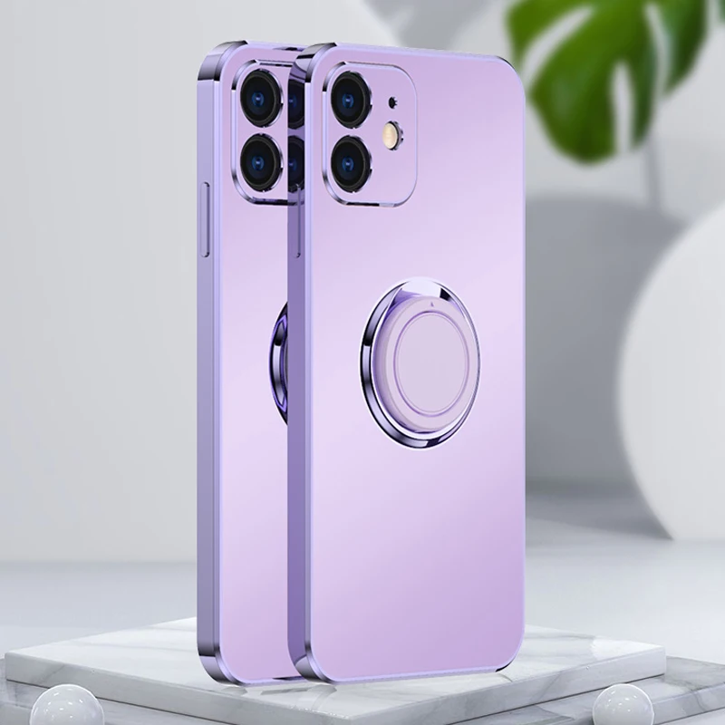 Plating Square Case For iPhone 13 12 11 Pro Max XS XR X S 7 8 Plus Not leave fingerprint Full Protective Covers With Ring Holder