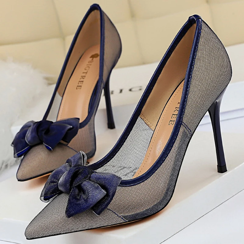 

Butterfly-knot Women's Pumps Sexy High Heels Fashion Women Shoes Stiletto BIGTREE Shoes Pointed Toe Mesh Lady Shoes Party Shoes