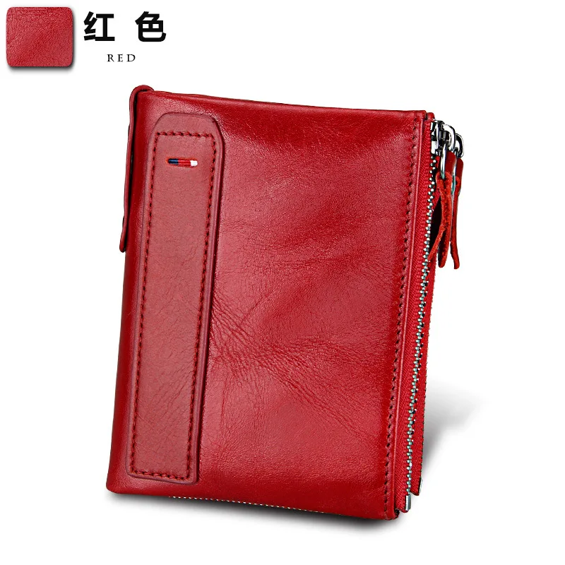 Crazy horse Brand Genuine leather men's short short RFID anti money brush men double zipper wallet Wallets Coin Purse Cards new