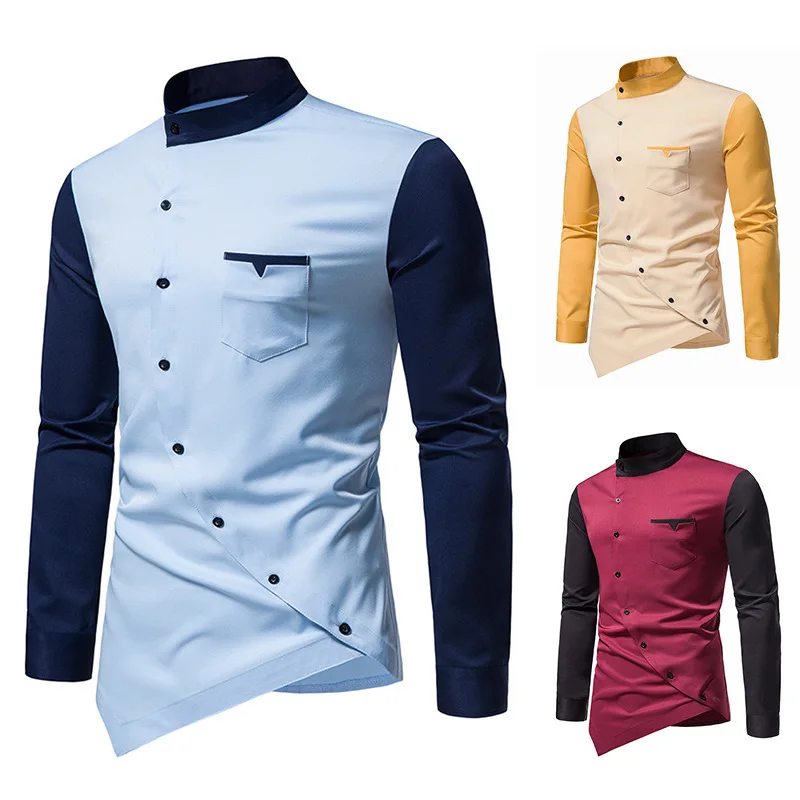 Men's Shirt Long Sleeve Slim Casual Irregular Oblique Button Contrast Color Stand Collar Personality Shirts Social Party Blouse