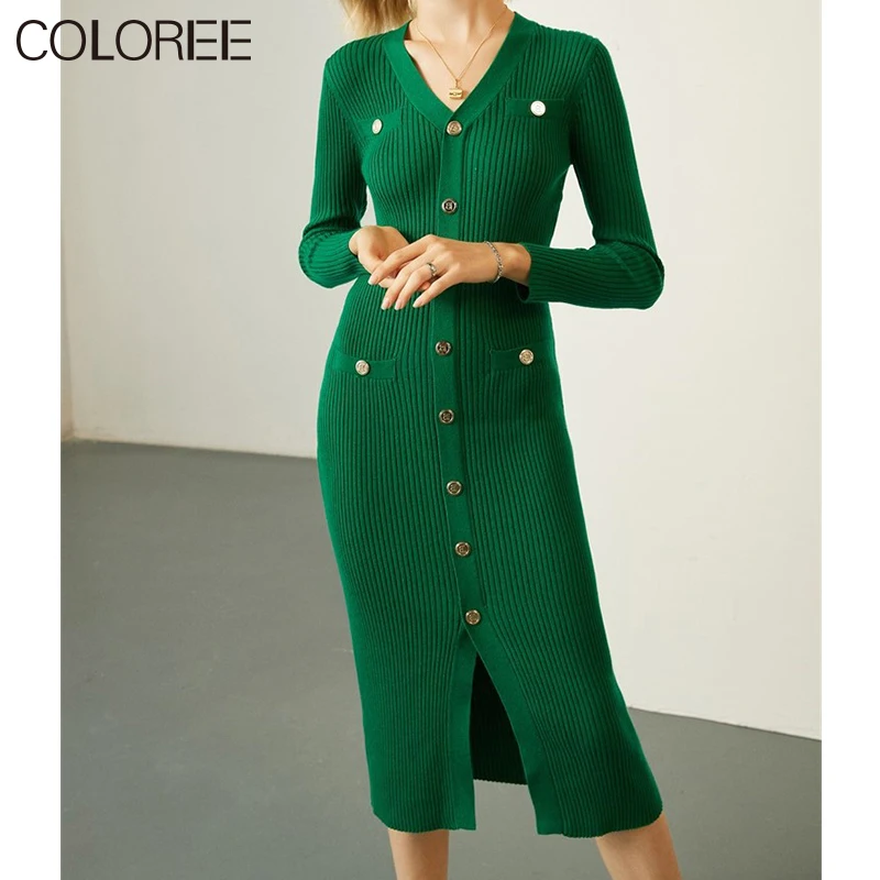 Vintage Green Black Knitted Dresses for Women 2022 Spring Luxury Designers Casual V-neck Long Sleeve Dress Midi Vestidos Mujer