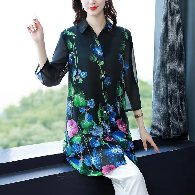 

Новинка весна-лето Свободная Женская одежда средней и большой длины с принтом однобортная рубашка в Корейском стиле с воротником-поло