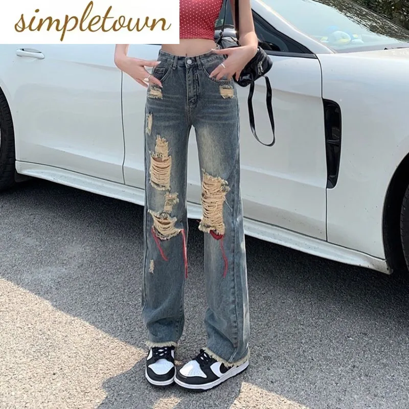 2023 New American Retro Perforated Wide Leg Jeans Women's Summer New High Waist Old Street Straight Tube Floor Towers Trend