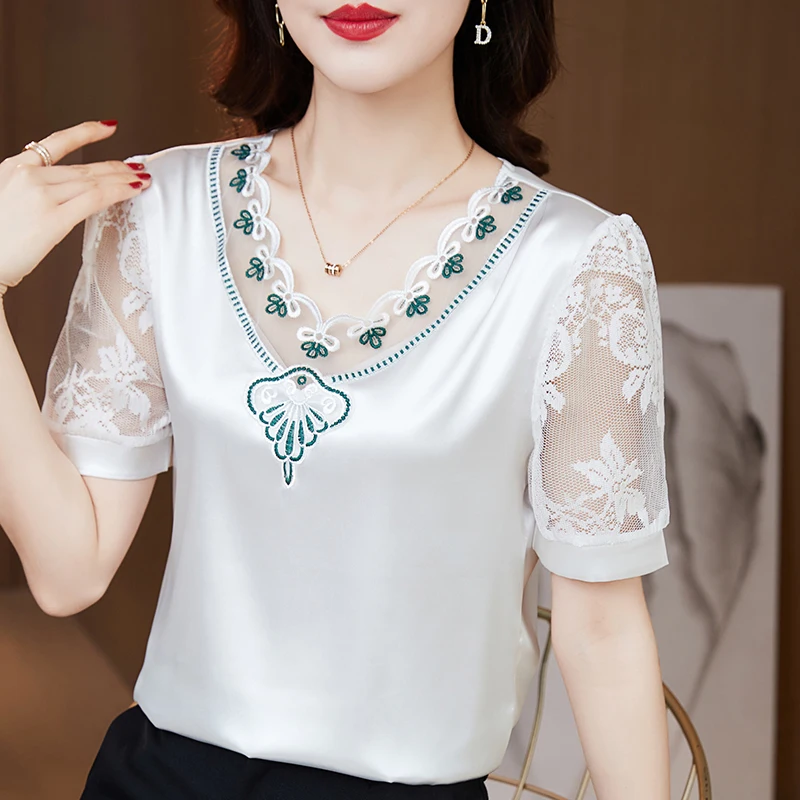 

Sexy White Short Sleeve Silk Shirt Summer Fashion Lace Embroidery Tops Satin V Neck Blouse Women Top Elegant Blusas 25733