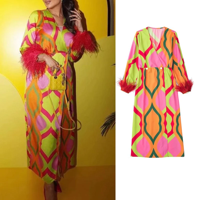 

Summer Fashion 2022 New Women Print Dresses Feathers Long Sleeve Deep V-neck Party Female Causal Vintage Mid-Calf A-line Outfit