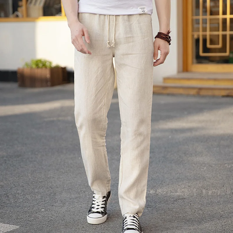 

100% Pure Linen Men's Casual Pants Summer Thin Baggy Straight Trousers Everyday Joker Breathable Long Pants