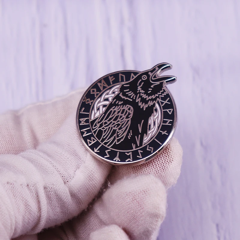 

Viking Odin Raven Enamel Pin Crow With Runes And Scandinavian Runic Symbols Alphabets Brooch Badge