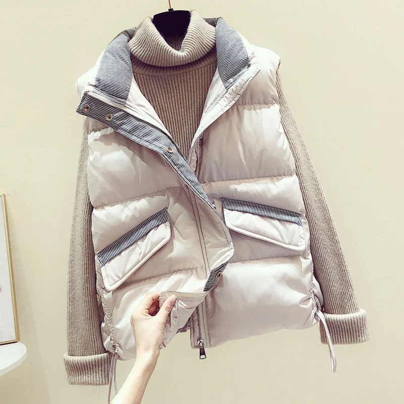 

#0407 Down Cotton Vest Waistcoat Women Slim Short Vest Coat Side Drawstring Casual Sleeveless Jacket Bodywarmer Black Blue Beige