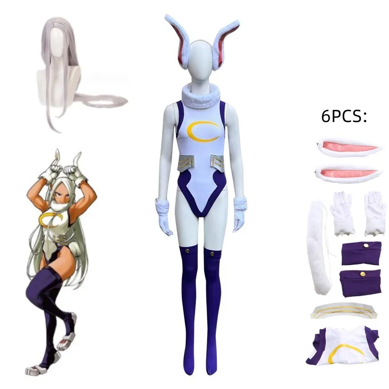 

Anime My Hero Academia Mirko Cosplay Costume Tight Jumpsuit Combat Uniform Plush Rabbit Ears Gloves Necklet Halloween Outfit