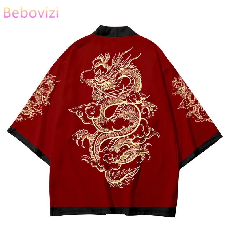 Cárdigan japonés con estampado de dragón para mujer, ropa tradicional asiática, camisetas rojas de Cosplay, Kimono de playa Yukata, nuevo diseño