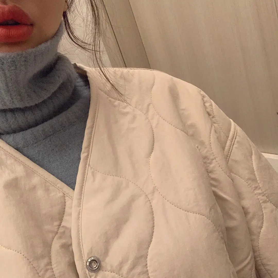 New Winter Korean V-neck Women Lamb Padded Warm Jacket Fashion Casual Loose Solid Coat Cotton Faux Lining Women Parkas 2023