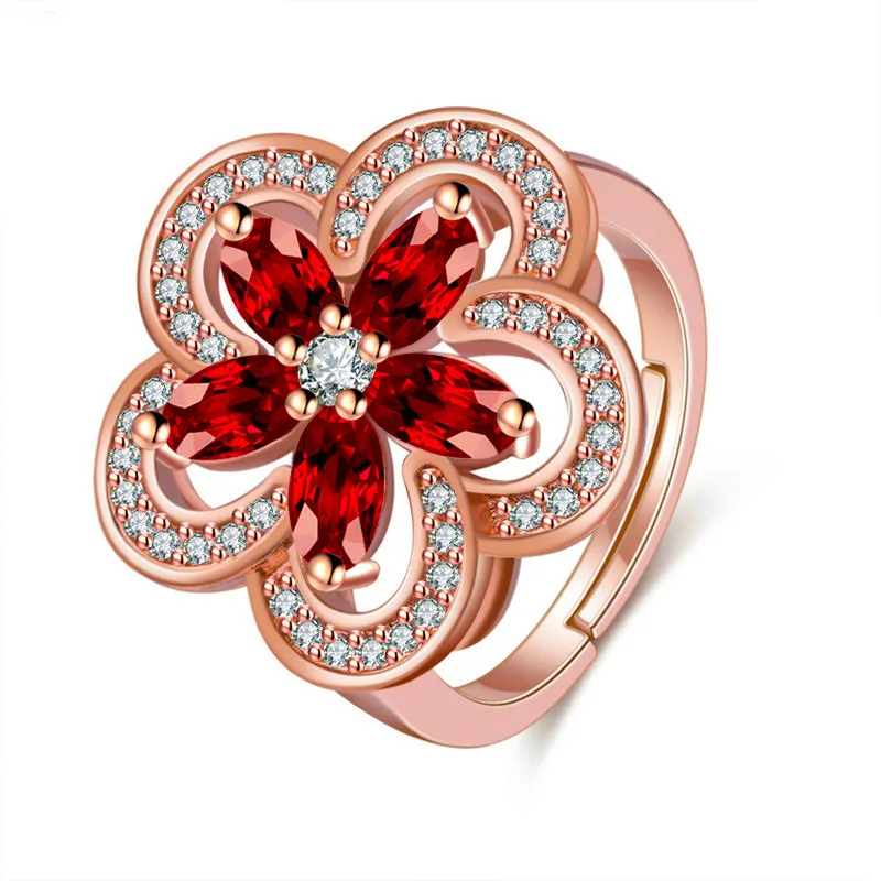 

Fashion Jewelry Elegant Rose Gold Red Crystal Flower Shaped Hollow Out Open Loop Personality Female Romantic Gift