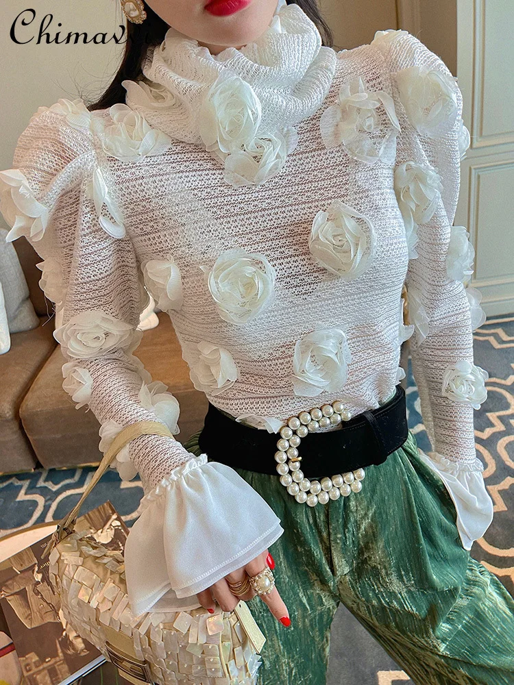 

New Ladies Streetwear High Collar Handmade 3D Rose Bell Sleeve Sweater Women's Fashion Elegant Solid Color Pullover Knitted Top