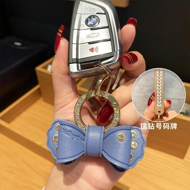 

High-grade Leather Bow Keychain Exquisite Rhinestones Anti-lost Number Plate Car Key Chain Couple Car Bag Pendant Keyring Gift