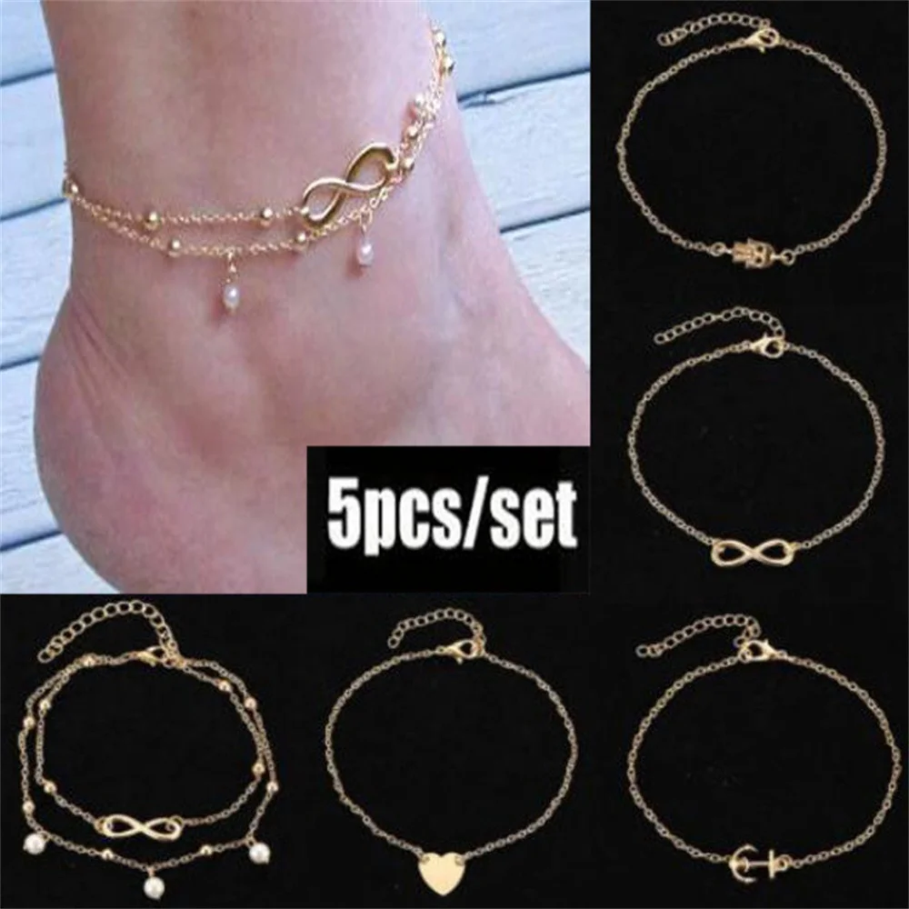 

Fashion Ladies Anklet Bracelet Multi-Set Decorations 5-Piece Peach Heart Anchor Head Pearl Alloy Accessories Set Decorations