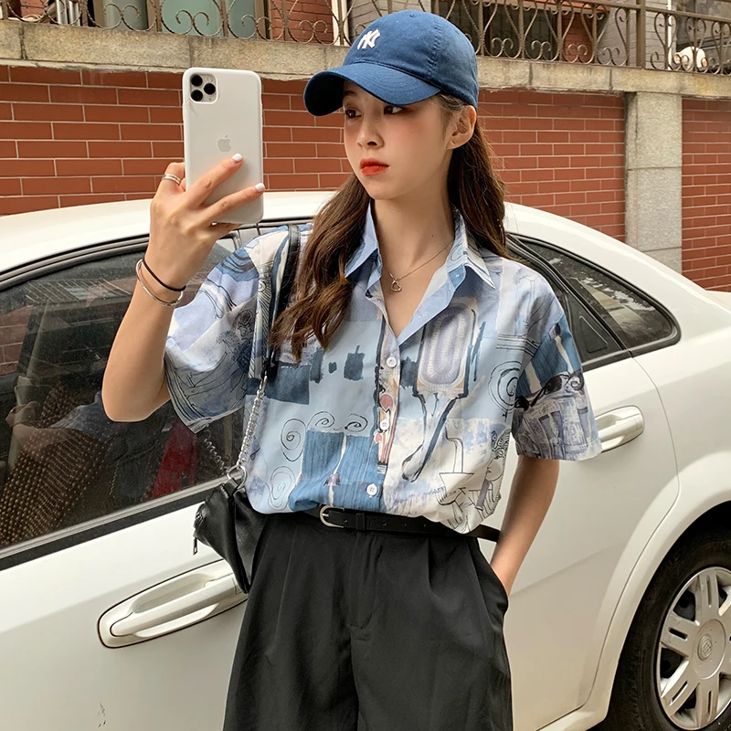 

4 размера S-xl, синяя Базовая Повседневная винтажная свободная универсальная рубашка с коротким рукавом для колледжа, Новое поступление 2021, летние женские рубашки