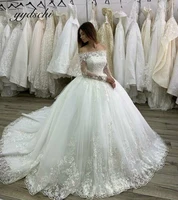 2022 luxury boat neck wedding dresses long sleeves tulle lace princess appliques ball gown white bridal dress customized