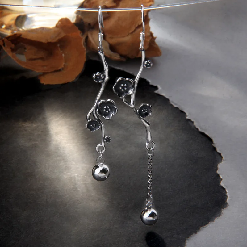 

S 925 Silver Retro Flower Earrings long Super Fairy Earrings Female Asymmetrical Plum Korean Earings Fashion Jewelry for Women