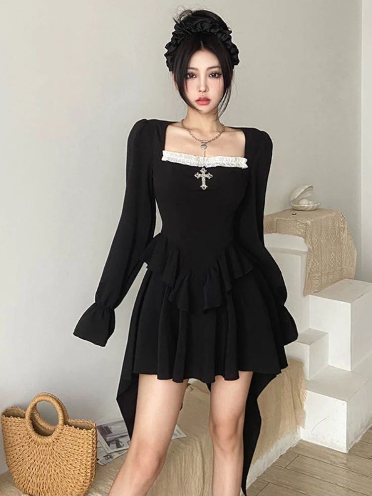 

Черное готическое платье HOUZHOU, шикарное привлекательное приталенное платье с асимметричным подолом, уличная одежда в стиле Харадзюку, женские платья с длинным рукавом и квадратным воротником, с пышными рукавами