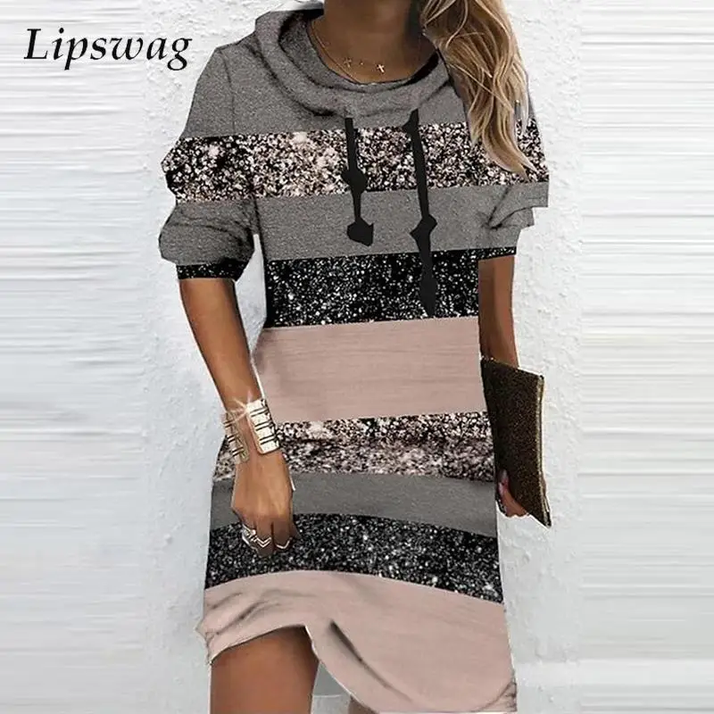 

Винтажное женское платье-пуловер с длинным рукавом, женское платье-свитшот на завязках с капюшоном, осенние свободные платья в полоску с кр...