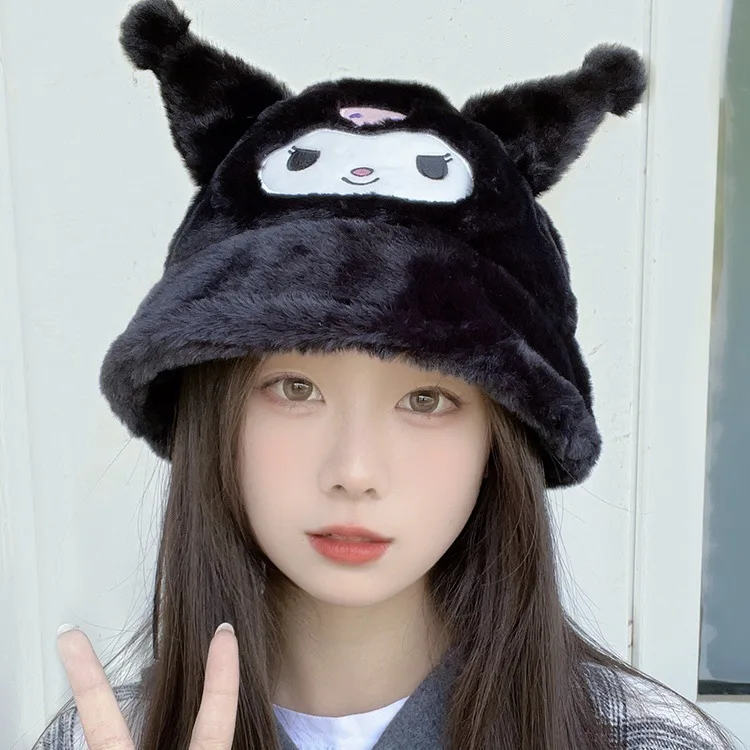 

2023 Kawaii New Kuromi Mymelody Cartoon Plush Hat Japanese Autumn and Winter Coral Velvet Warm and Cute Fisherman Hat