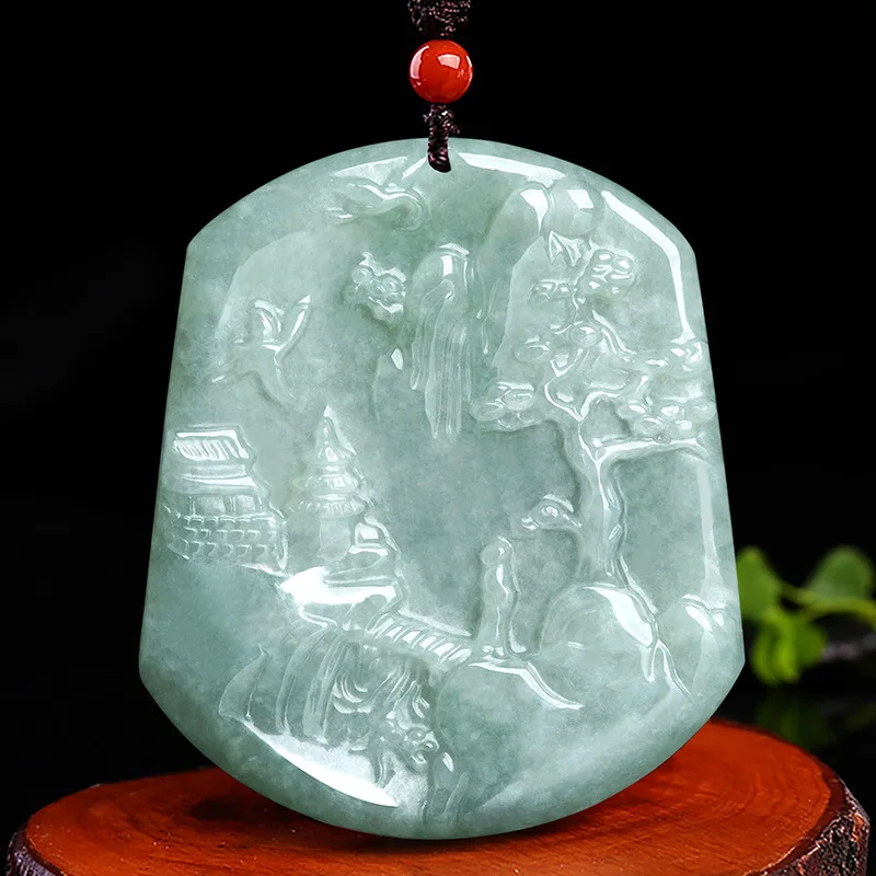 

Ожерелье с подвеской в виде бирманского Нефритового ландшафта, Мужская модная Роскошная зеленая подвеска с изумрудами, талисманы, ювелирны...