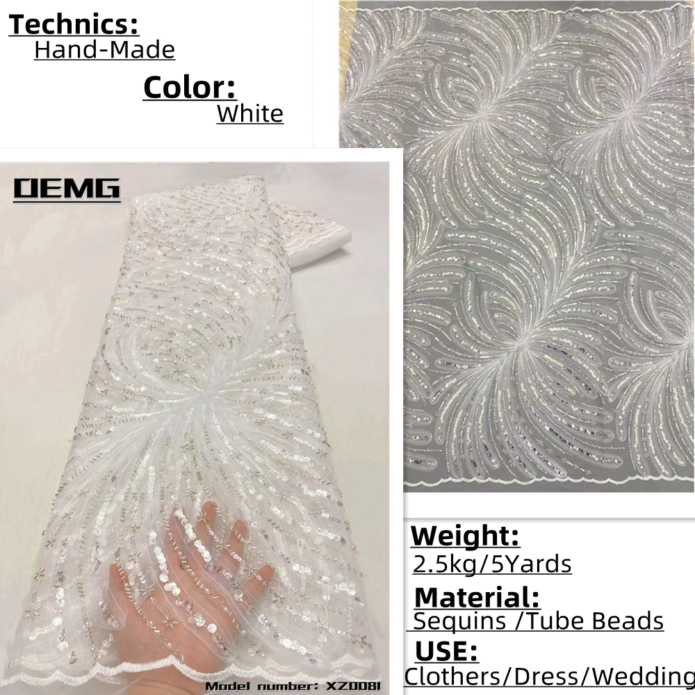 

OEMG White Luxury Women Sewing Material 2022 High Quality Bead Embroidery French Tulle Lace Fabric 5Yards For Party Dress XZ0081