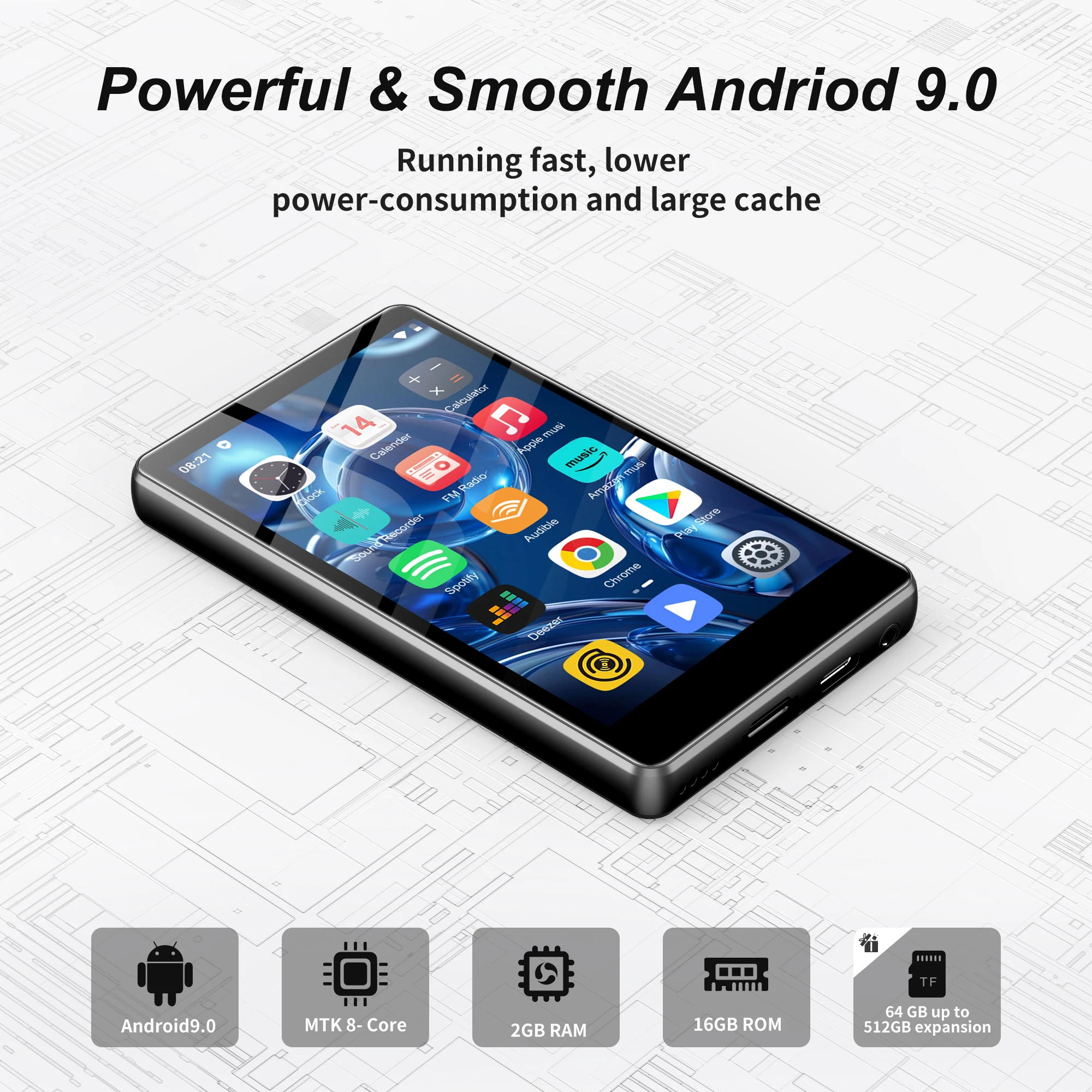 Фото MP3-плеер на базе Android 9.0 с Bluetooth и Wi-Fi, MP3/MP4-плеер с поддержкой Spotify, Audible, Pandora, до 512 ГБ. №5