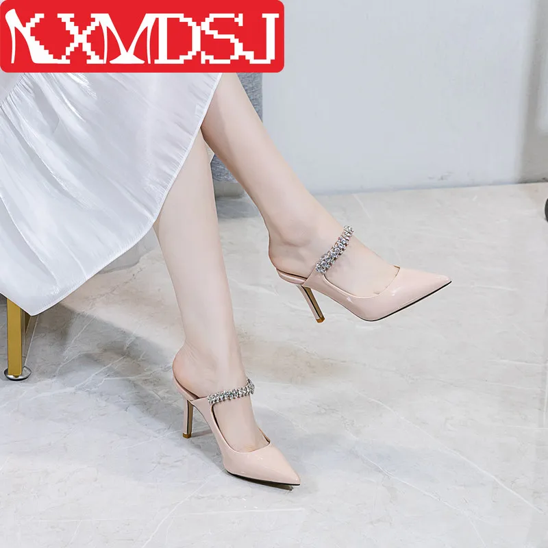

New White High Heels Sandals Women Female Stiletto Heel Slippers Rhinestone Pointed Toe Shoes Large Size Shoes 43 Cute Heels