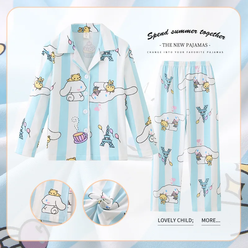 

New Sanrio Anime Cinnamoroll Kuromi Children Pajamas Kawaii Hello Kitty My Melody Long Sleeve Cardigan Sleepwear Autumn Suits