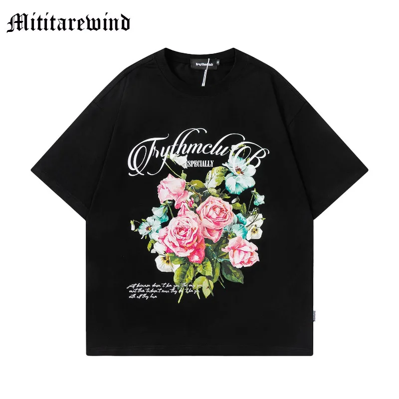 

Рубашка оверсайз с коротким рукавом в стиле унисекс, летняя романтичная Винтажная футболка в стиле High Street Aemrican с розами, Повседневная Уличная одежда Y2k с круглым вырезом
