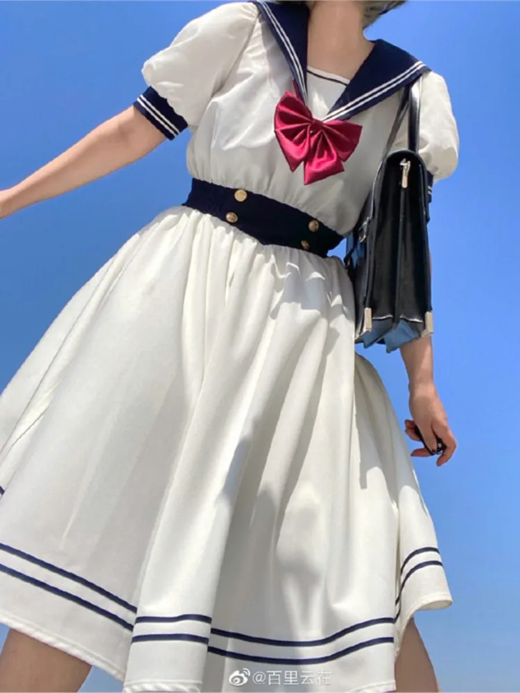 

Japanese Lolita Sweet Bow-knot Girl Retro Cotton Kawaii Preppy Style Dress Women Harajuku Sailor Collar white Dress