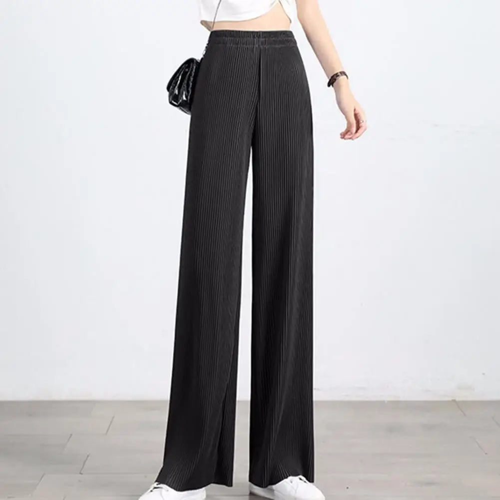 

Women Ice Silk Pants High-Waist Elastic Waistband Straight Pant Summer Trousers Ribbed Casual Pants pantalones de mujer