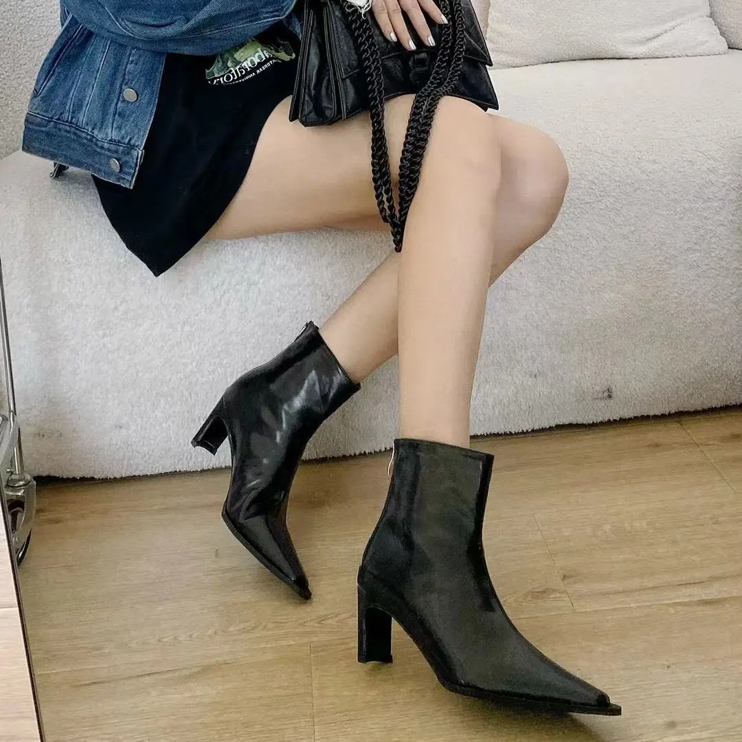 

Round Toe Women Ankle Boots Thick High Heels Black Red Chelsea Booties Back Zipper Winter Chelsea Botas Fashion Party Pumps 39