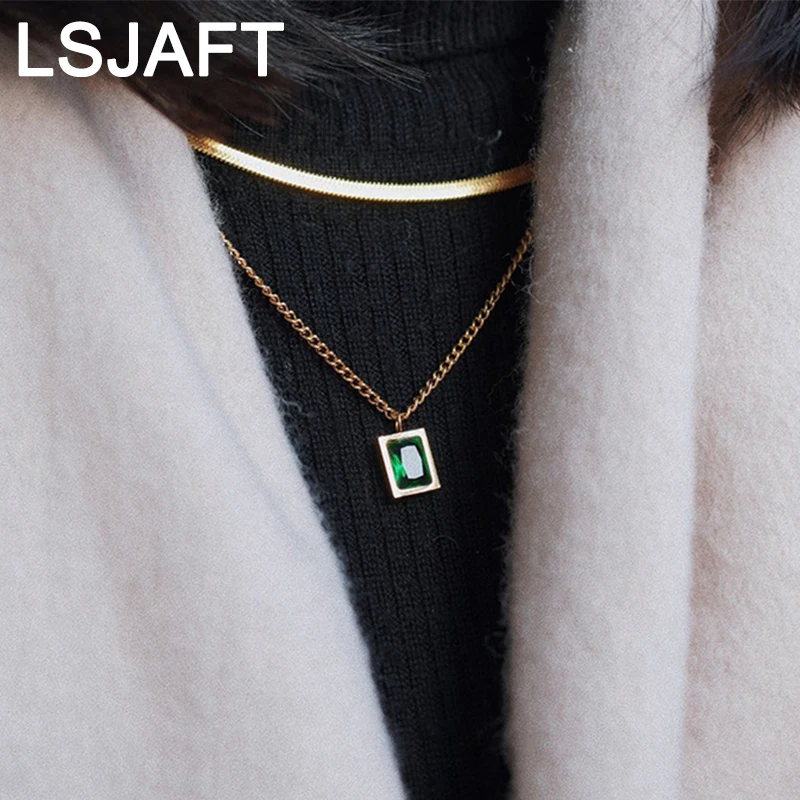 

Retro Gold Plated Green Cubic Zircon Double Snake Chain Necklace Women Stainless Steel CZ Multi Layered Pendant Jewelry Gift