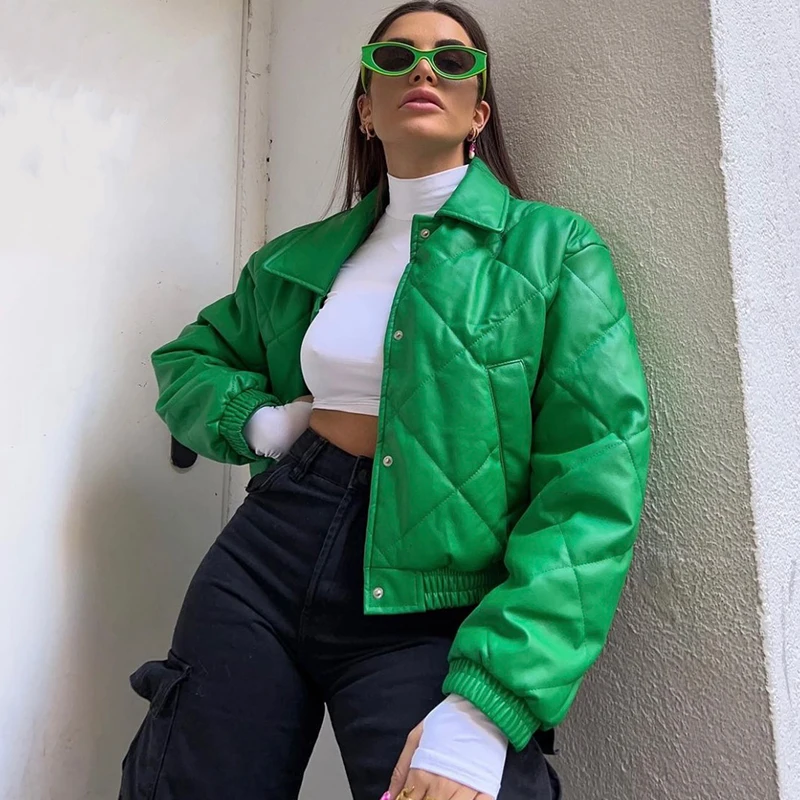 Casual Quilted Button-Up Faux Leather Winter Jacket Women Long Sleeve Top Green Pu Cotton Coat Streetwear New In Outerwears