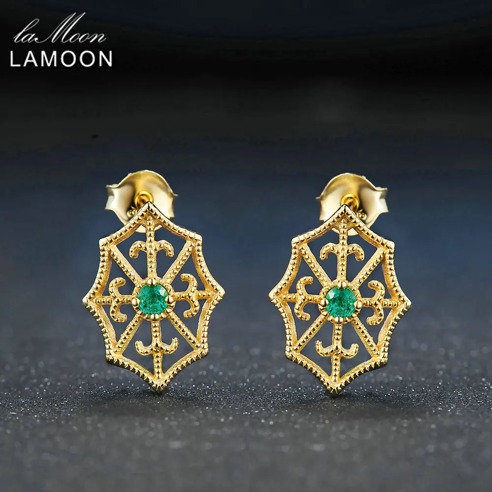

GOLUCA Vintage Natural Green Emerald Earrings For Women Gemstone Stud Earrings 925 Sterling Silver Gold Vermeil Jewelry EI052
