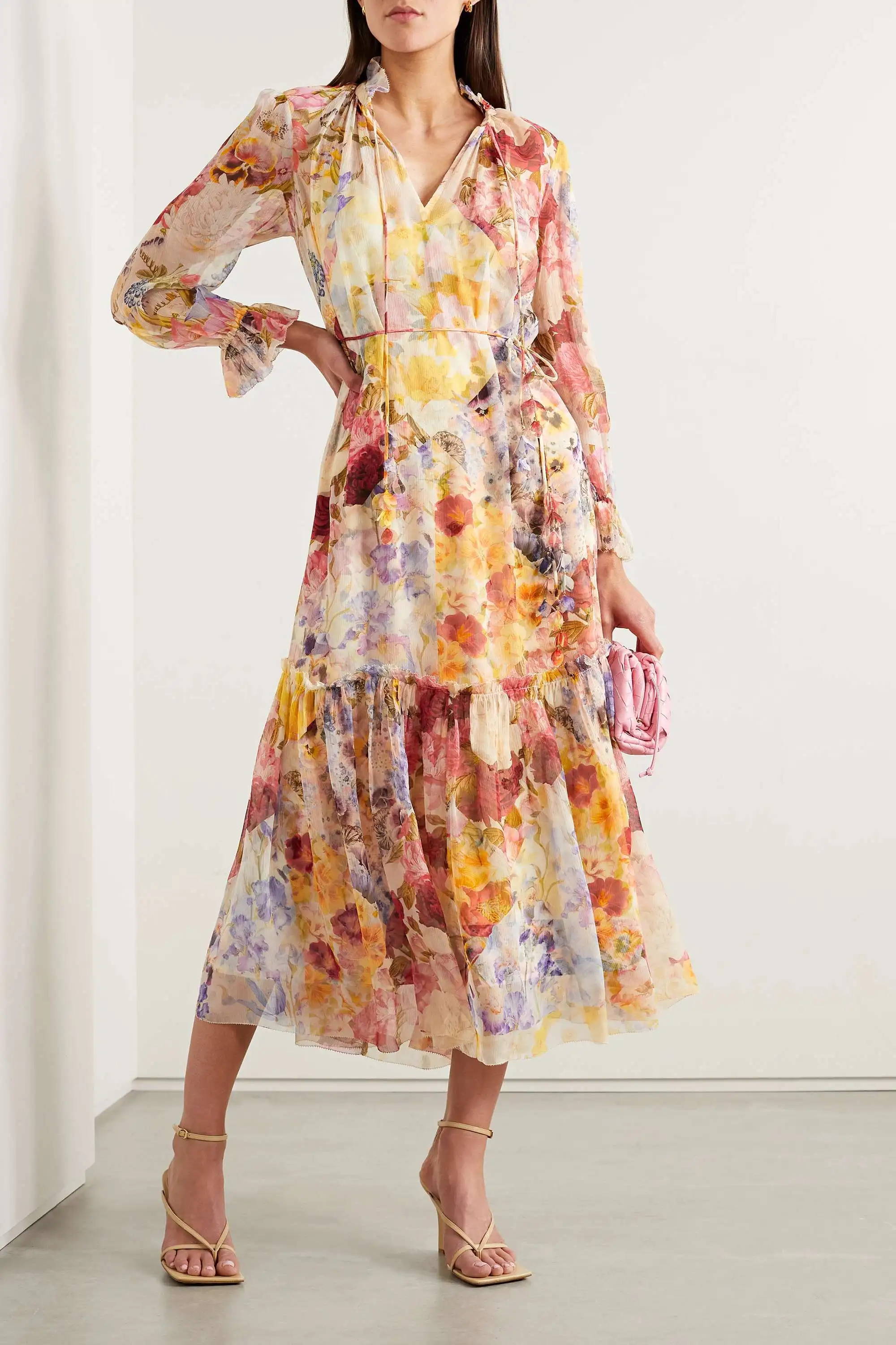 

Женское Плиссированное мини-платье, винтажное пляжное платье высшего качества с цветочным принтом и расклешенными рукавами, весна-лето 2023