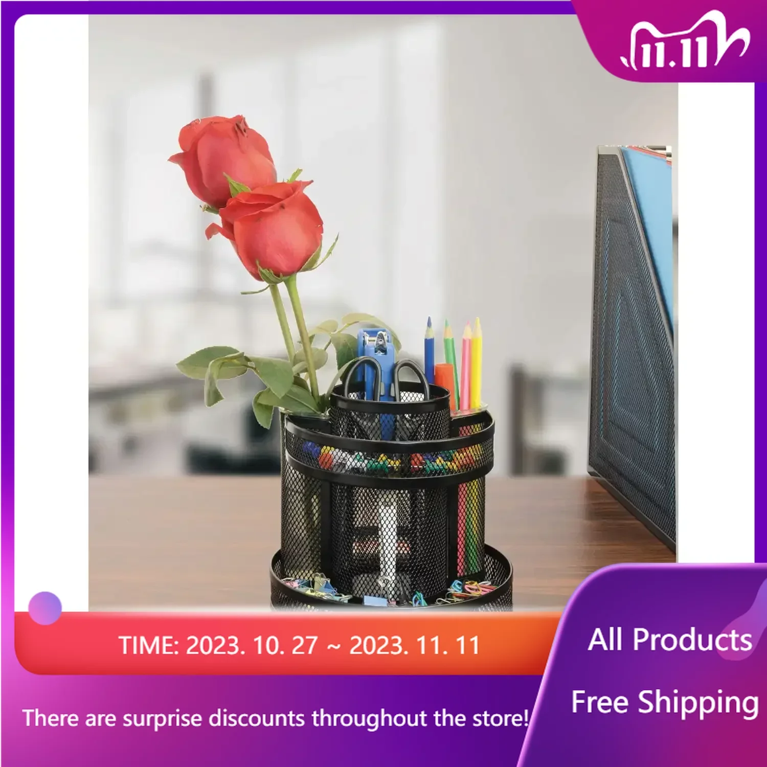 

6.5 in. x 6.13 in. Rotating Metal Mesh Desktop Organizer - Black Rapid Transit