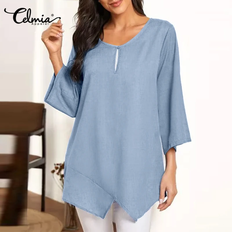 

Celmia Women Blusas 2022 Summer Hollow O Neck Casual Loose Shirts Leisure 3/4 Sleeve Asymmetrical Hem Blouses Solid Wild Tunic