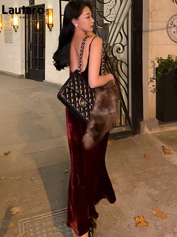 Lautaro красное эластичное мягкое бархатное платье макси на тонких бретельках для