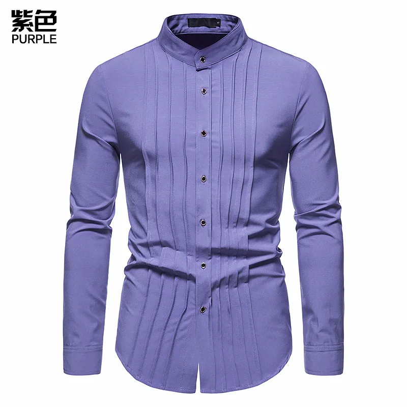New Cutout Men's Business Shirts Pleated Henley Collar Long Sleeve Shirts Professional Wear Personalized Men's 2022 Shirts