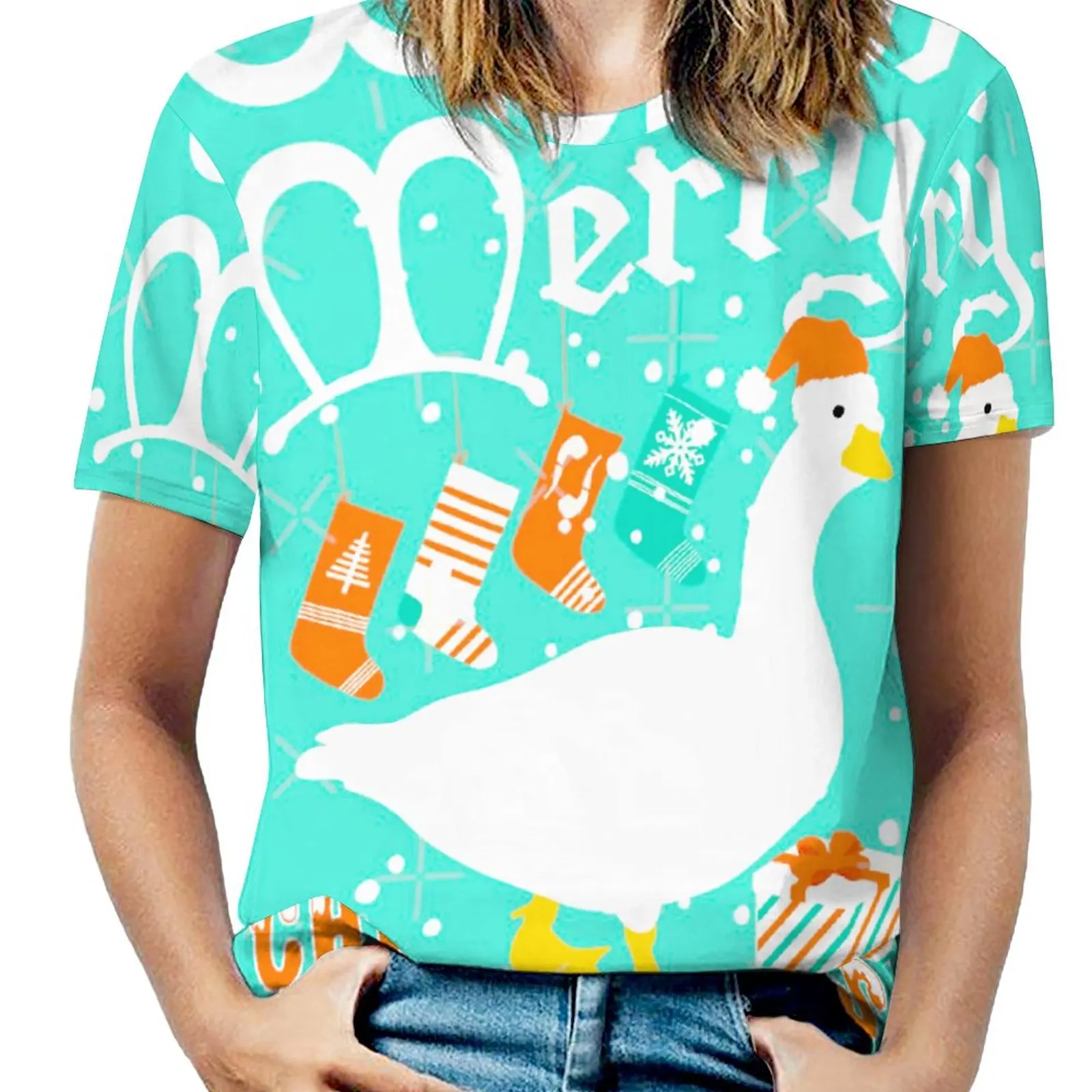 

Untitled Goose Merry Christmas Card T-shirt Harajuku Motion Nerd Top Tee Funny Graphic Leisure USA Size