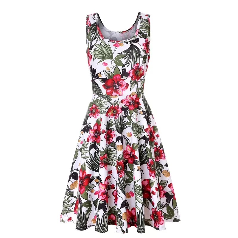 

New2022 Size Women Sleeveless O-Neck Print Dresses Casual Sweet Vintage Floral A-line Party Robe 2021 Summer Beach Dress Vestido