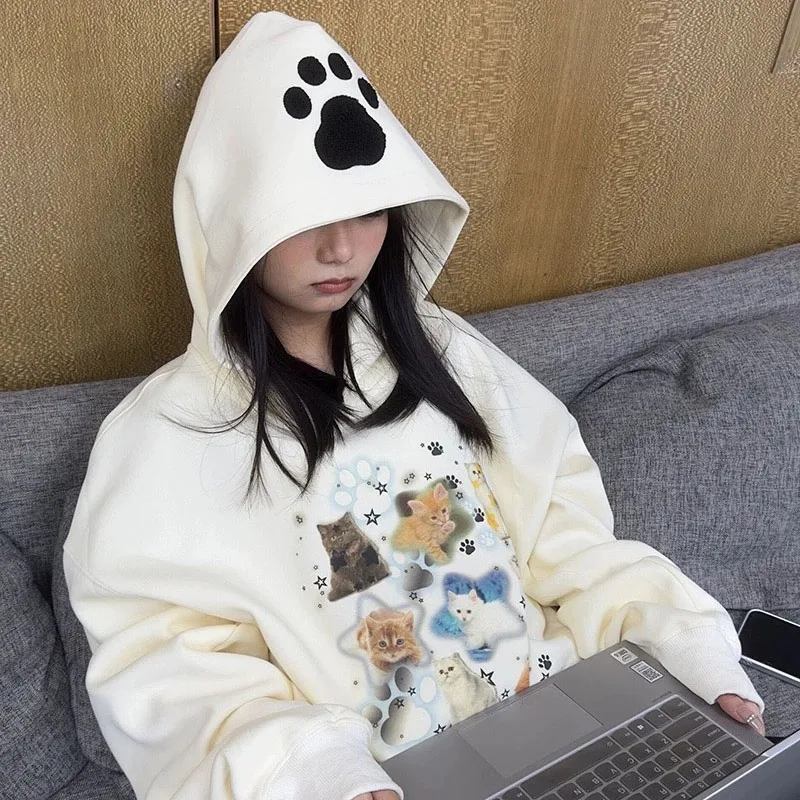 

Hikigawa Autumn Kawaii Cartoon Dog Print Tops Women Loose Casual Long Sleeve O Neck Hoodies Preppy All Match Sweatshirts