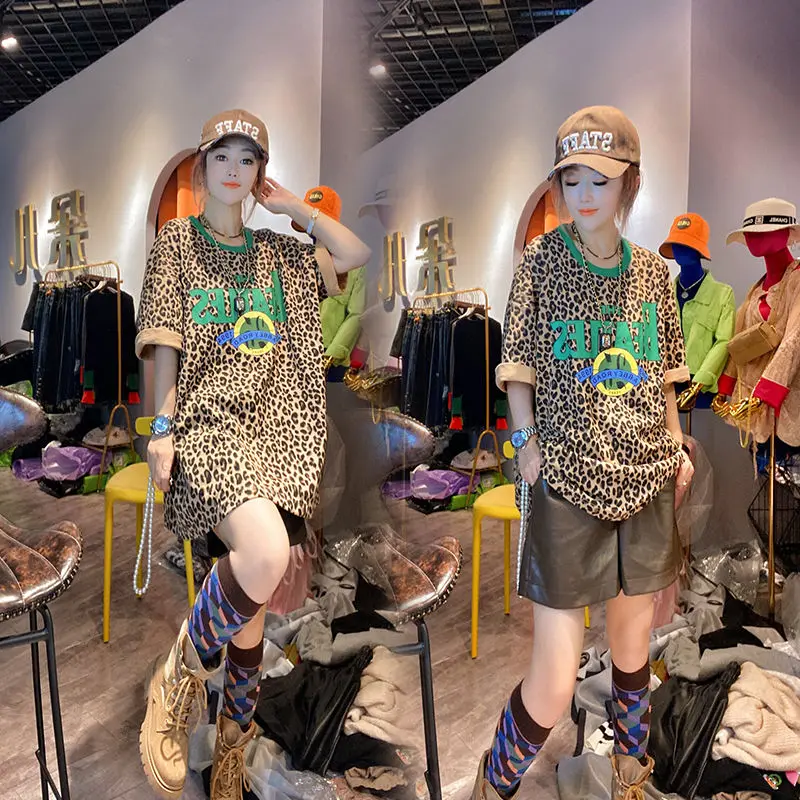 

Women Oversized Chic Leopard Printed Tunics Summer Street Fashion Short Sleeve Y2K T-shirts Female Streetwear Tops