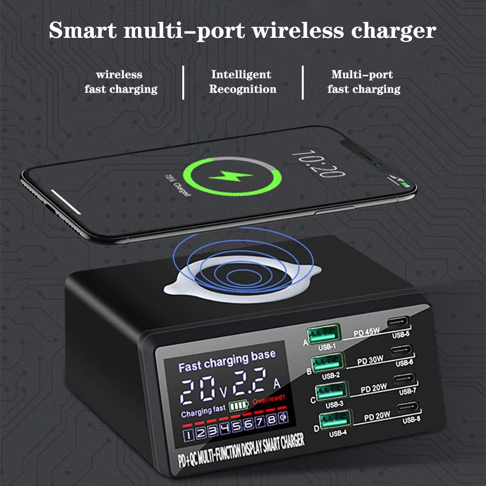Беспроводная зарядная док-станция RDXONE с 8 USB-портами и светодиодным дисплеем 100 Вт